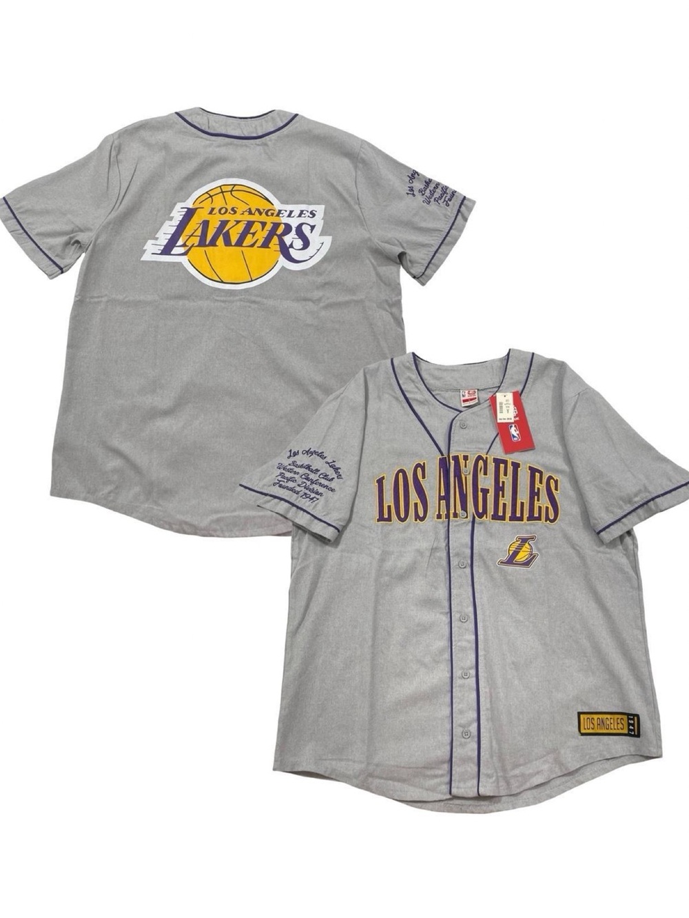 Ultra Game Los Angeles Lakers Size L Gray Button-Up Jersey (Retail $85)